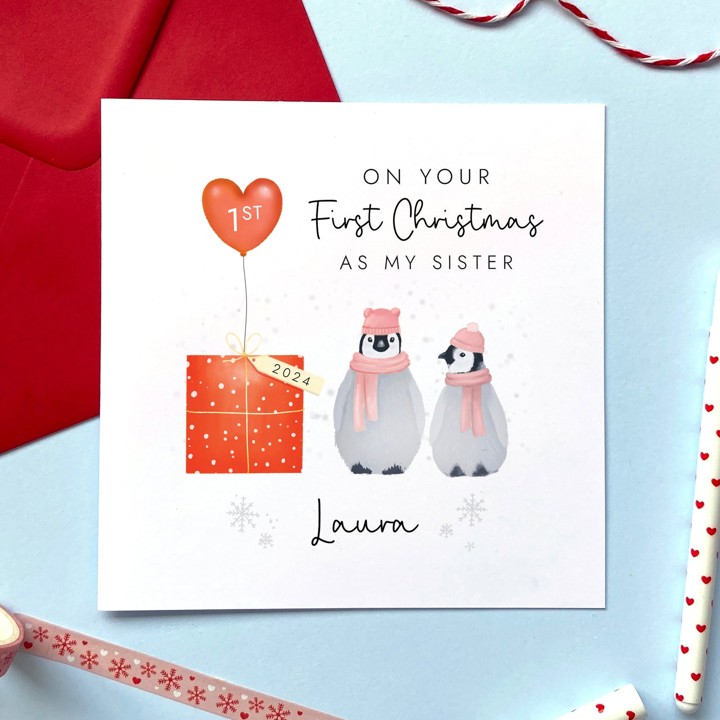 Personalised 1st Christmas as My Sister Penguins Card