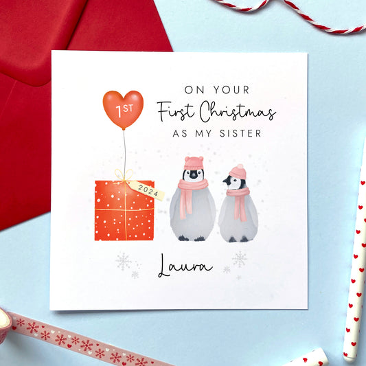 Personalised 1st Christmas as My Sister Penguins Card