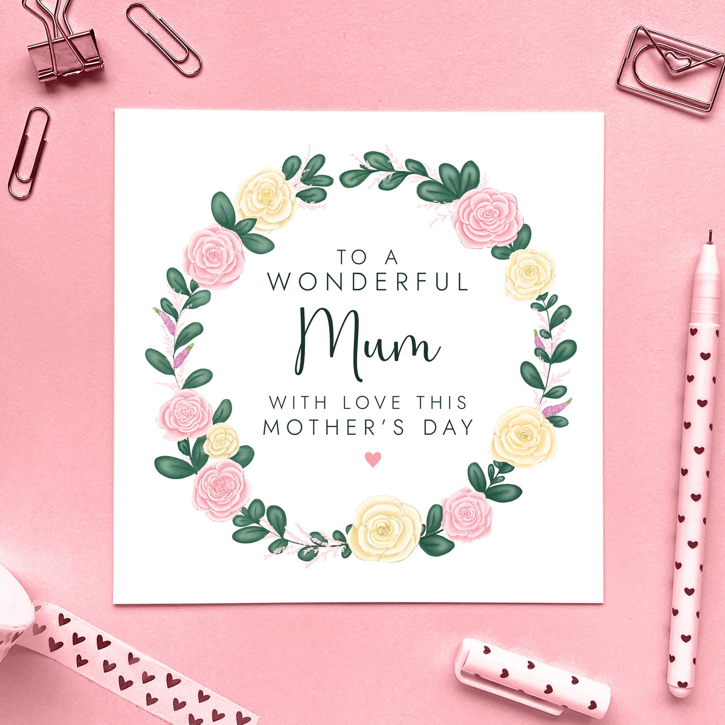 Personalised Floral Wreath Mother's Day Card for Mum, pink and cream roses, flowers mothers day card
