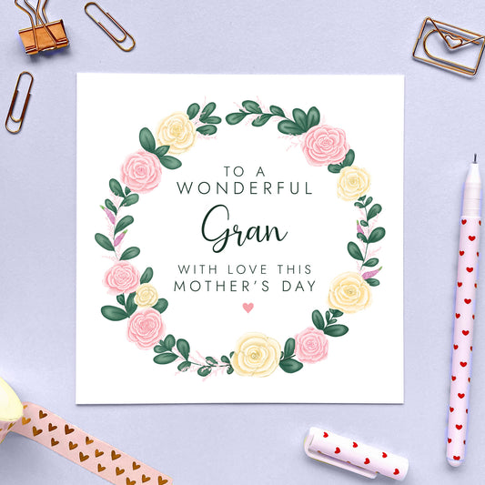 Personalised Floral Wreath Mother's Day Card for Gran, pink and cream roses, flowers mothers day card