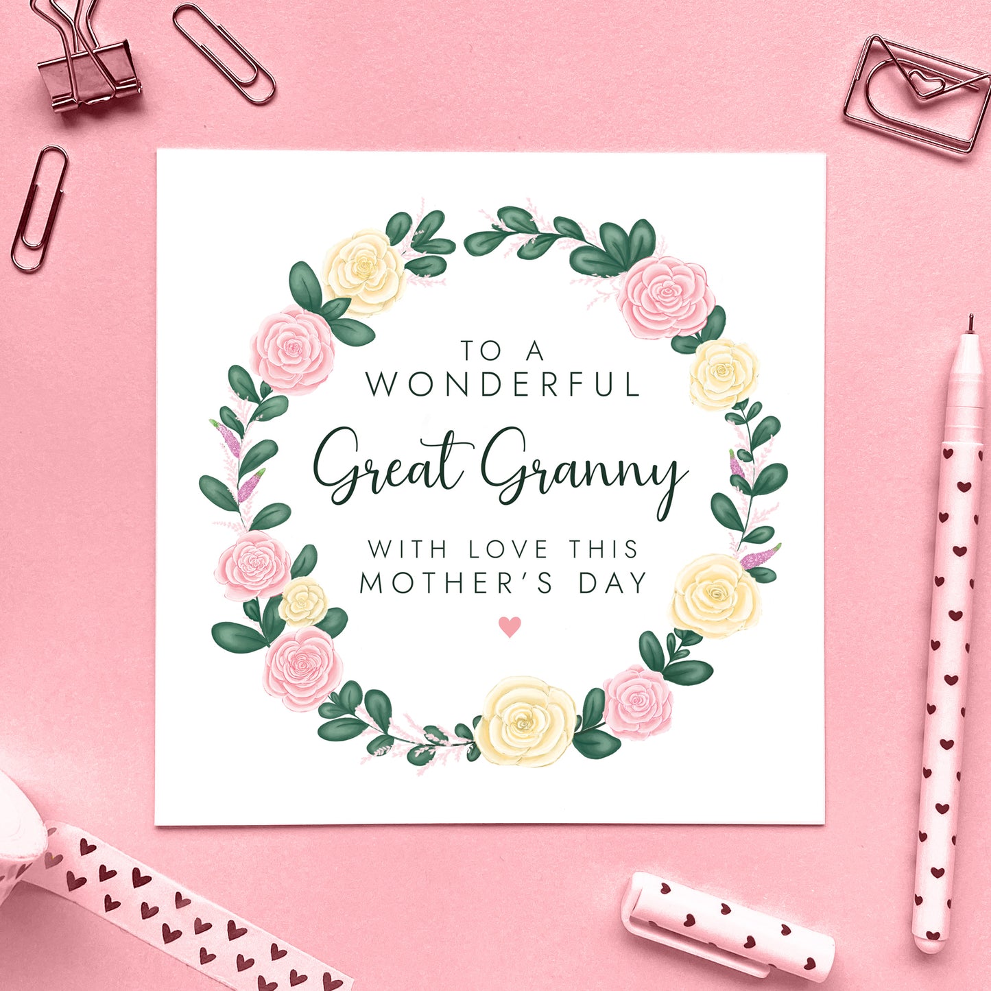 Personalised Floral Wreath Mother's Day Card for Great Granny, pink and cream roses, flowers mothers day card