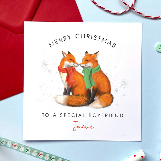 A personalised fox couple Christmas card for a special Boyfriend.