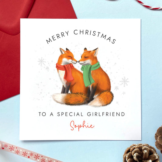 A personalised fox couple Christmas card for a special Girlfriend.