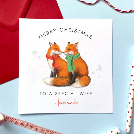 A personalised fox couple Christmas card for a special Wife.