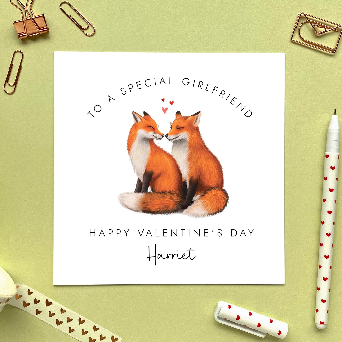 A personalised red fox valentines day card for girlfriend.