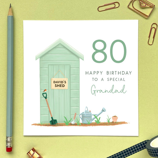 personalised garden shed birthday card for grandad - grandfather, great grandfather, grandpa, dad, granda - 60th 70th 90th 100th - gardening, green garden shed, 80th birthday card