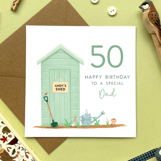 personalised garden shed birthday card for dad - 50th birthday card for dad - green garden shed, gardening, 40th 50th 60th 70th 80th 90th