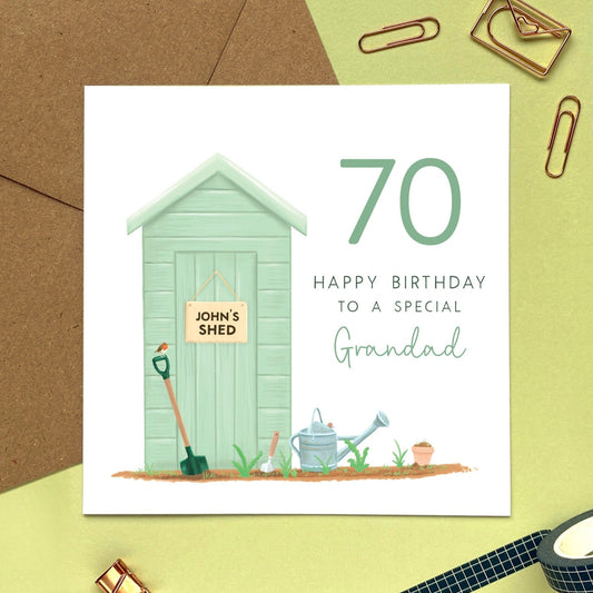 personalised garden shed birthday card for grandad - grandfather, great grandfather, grandpa, dad, granda - 60th 70th 90th 100th - gardening, green garden shed, 70th birthday card