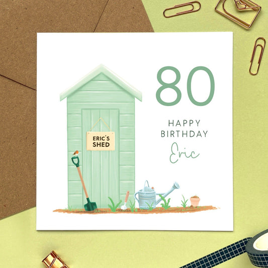 personalised 80th birthday card for him - garden shed, men, man, male, uncle, grandad, great grandpa, neighbour, elderly, gardening