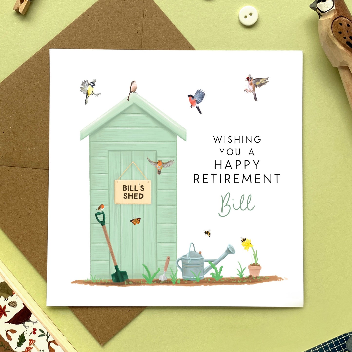 personalised garden shed retirement card for him - man, men, male, coworker, colleague, boss, leaving, retiring, goodbye, good luck, sorry to see you go, retirement card for man, dad, grandad, grandpa