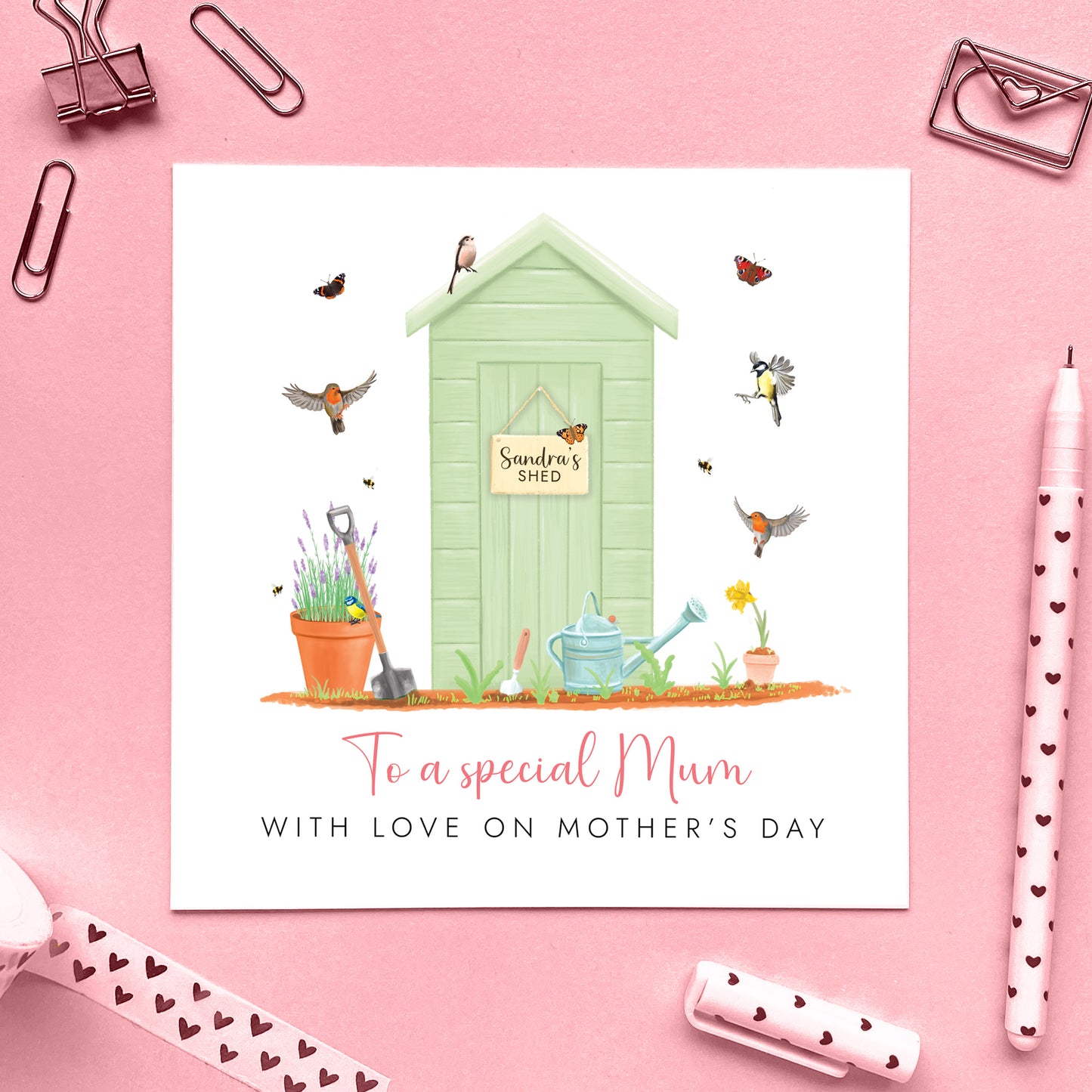 Personalised Garden Mother's Day Card for Mum, Green Garden Shed with British Birds