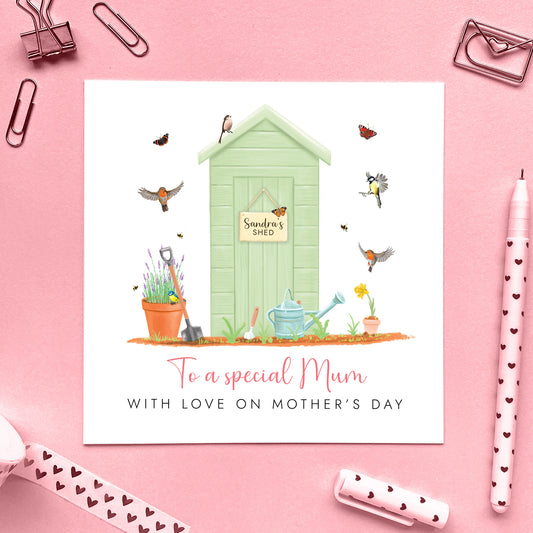Personalised Garden Mother's Day Card for Mum, Green Garden Shed with British Birds
