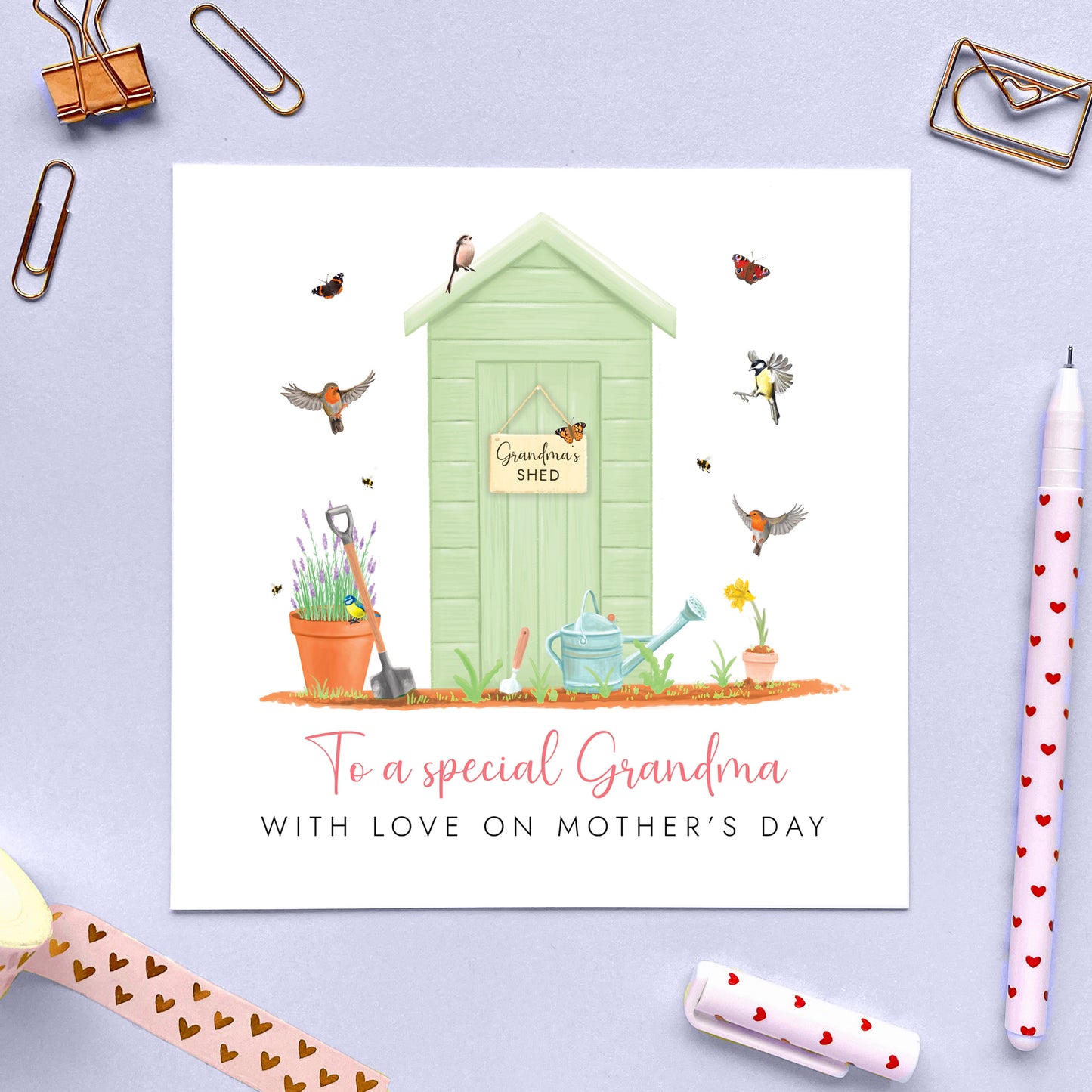 Personalised Garden Mother's Day Card for Grandma, Green Garden Shed with British Birds