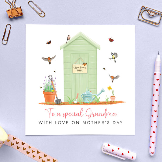 Personalised Garden Mother's Day Card for Grandma, Green Garden Shed with British Birds