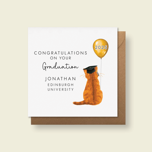 Personalised cat graduation card with over 60 cat designs to choose from. The card in the photo has a ginger tabby cat.