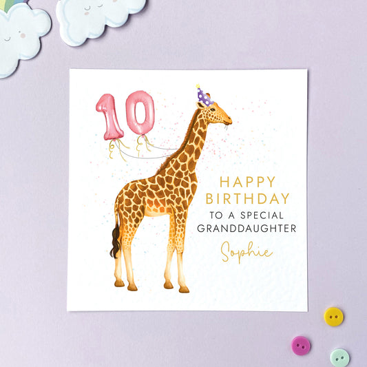 A personalised birthday card for girl featuring a giraffe. It can be personalised with a name and any age. The card in the photo is a 10th birthday card for granddaughter.