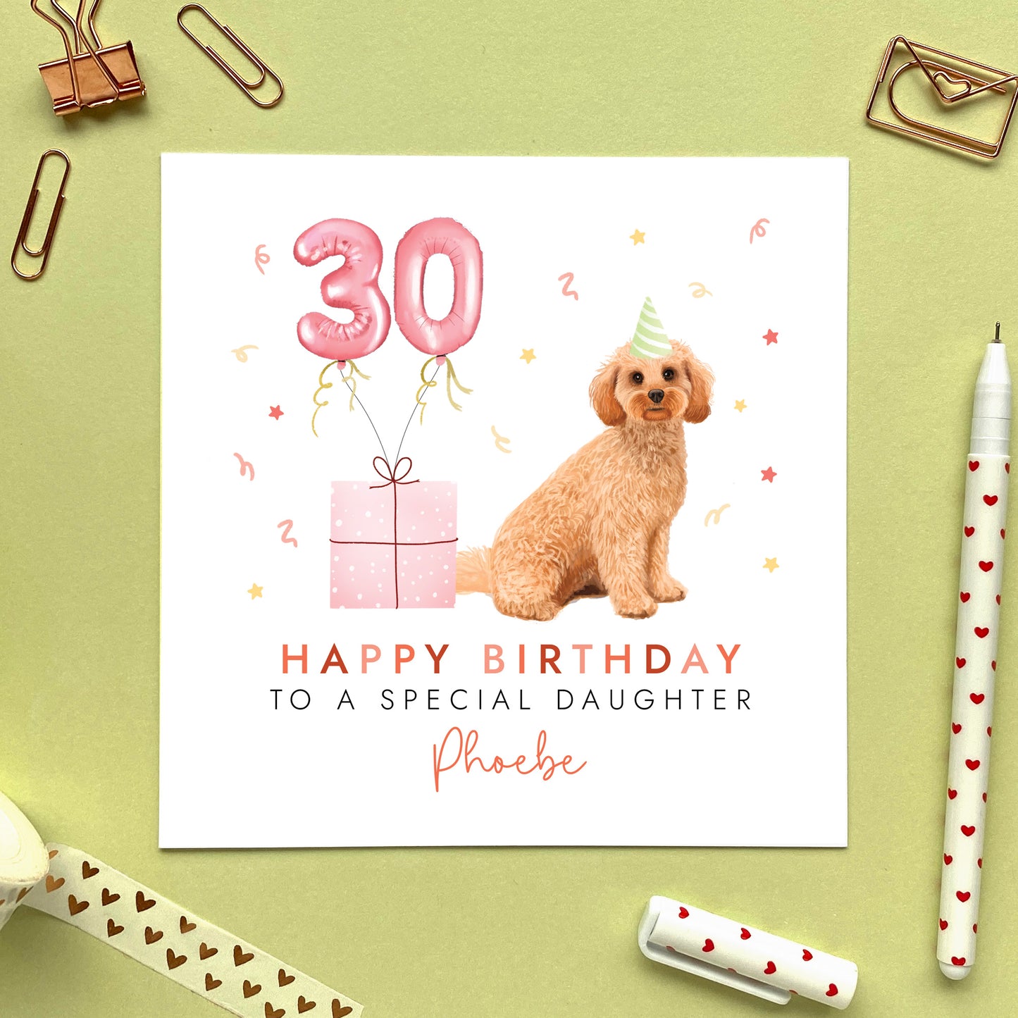A personalised dog birthday card for her featuring a golden cockapoo. It can be personalised with any name and age. The card in the photo is a 30th birthday card for Daughter.