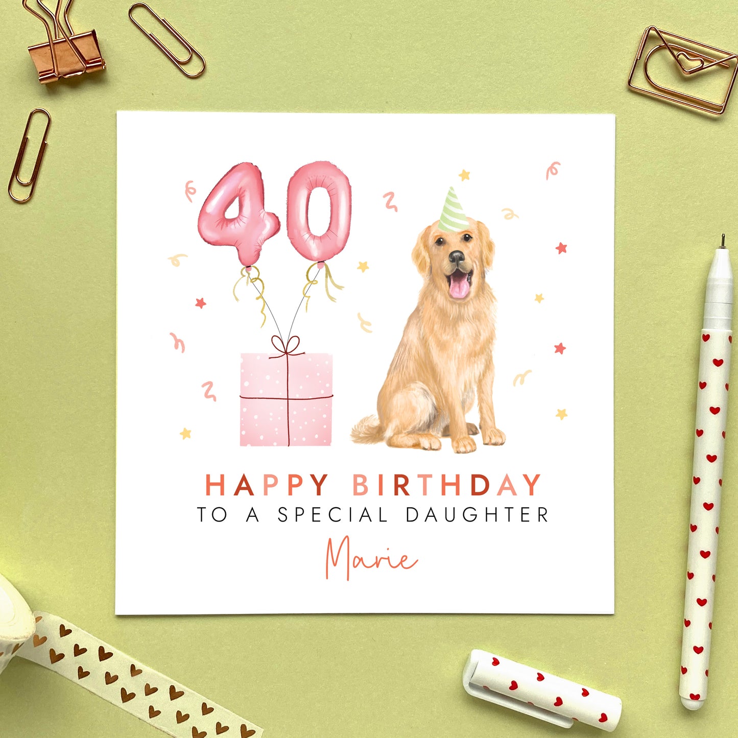 A personalised dog birthday card for her featuring a Golden Retriever. It can be personalised with any name and age. The card in the photo is a 40th birthday card for daughter.