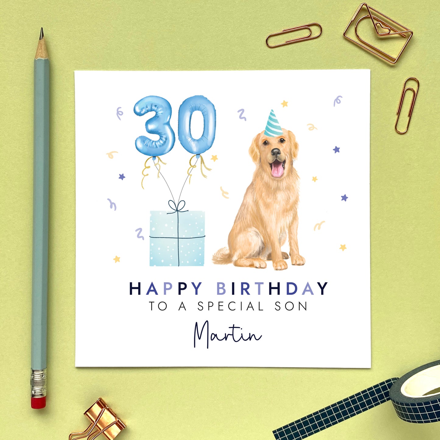 A personalised dog birthday card for him featuring a Golden Retriever. It can be personalised with any name and age. The card in the photo is a 30th birthday card for son.