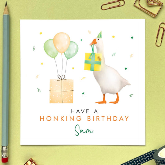 A personalised goose birthday card for any age.