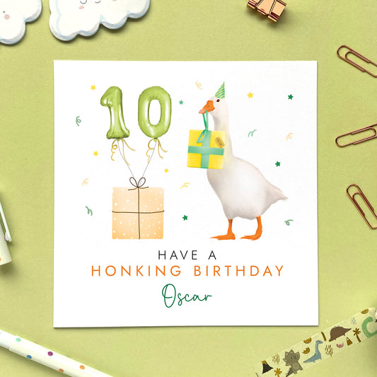 A personalised goose 10th birthday card.
