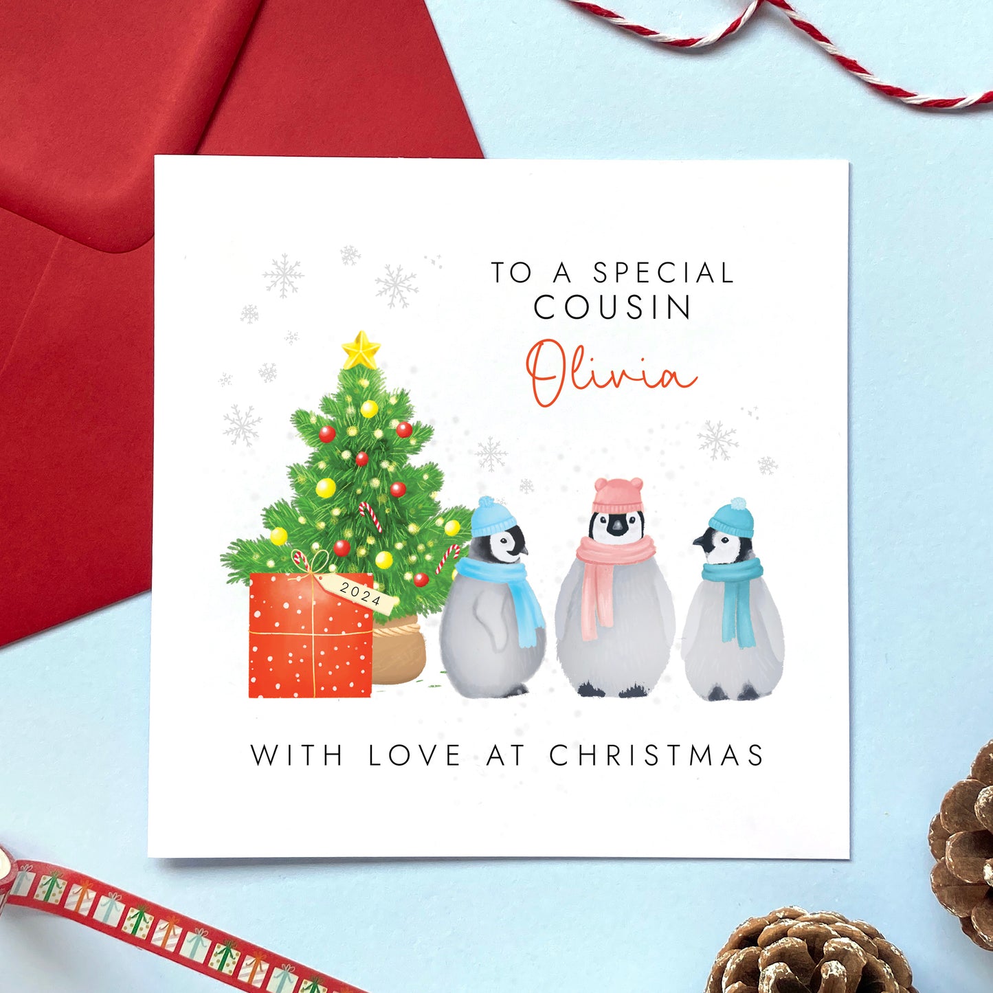 Personalised Penguins Christmas Card for Cousin from 2 Children