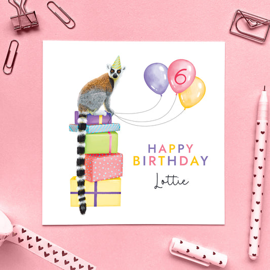 Personalised Birthday card with a lemur and balloons