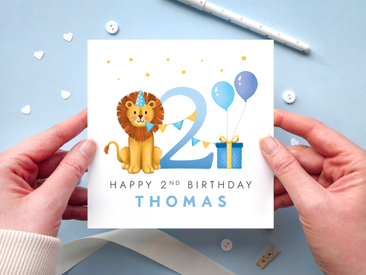 Personalised Lion 2nd Birthday Card for Boy
