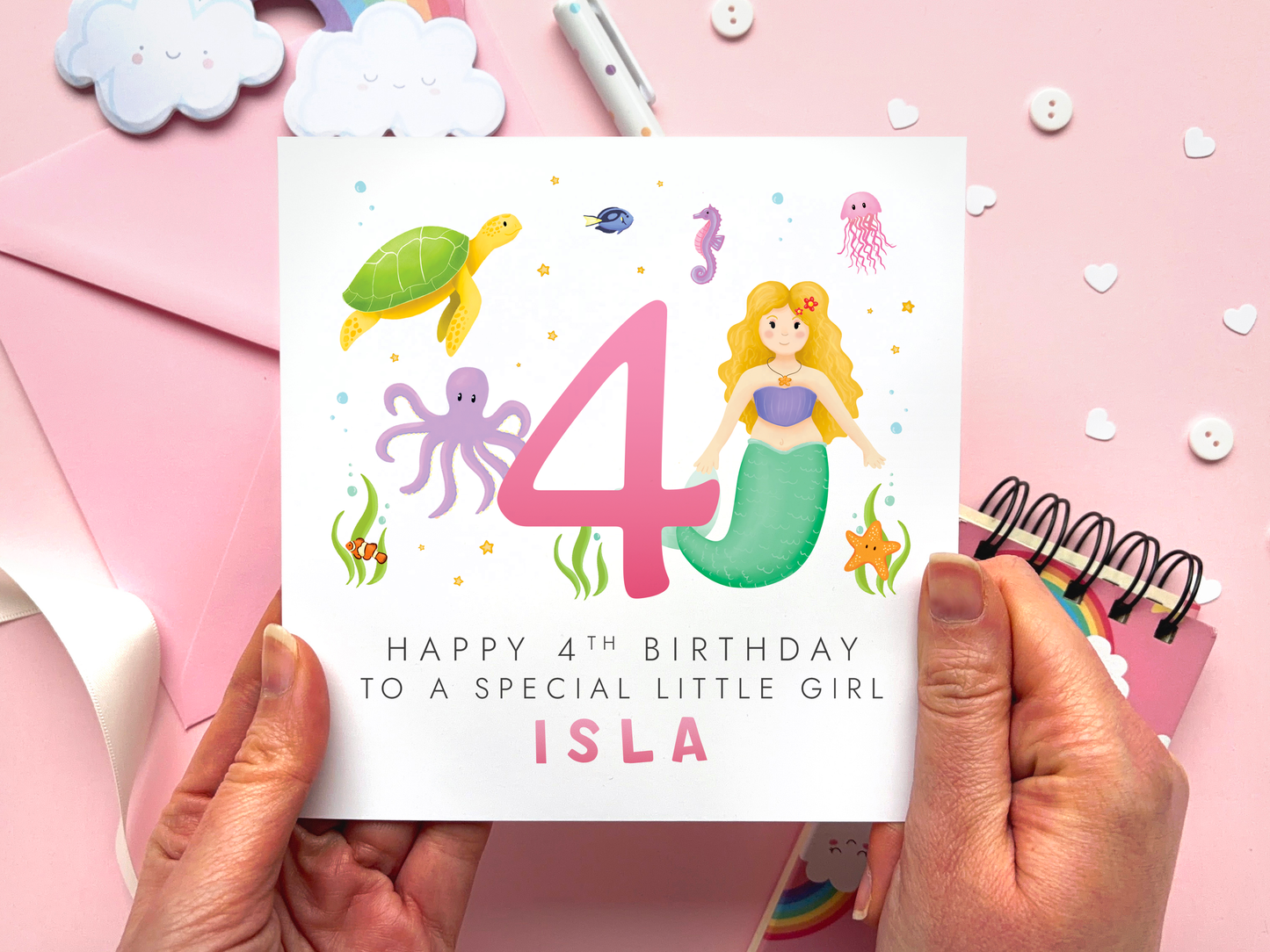 personalised 4th birthday card for special little girl with mermaid theme