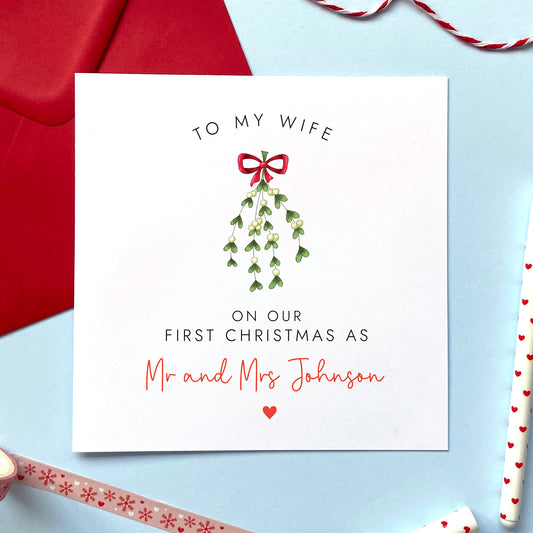 A personalised 'On our First Christmas as Mr and Mrs' Card for Wife.