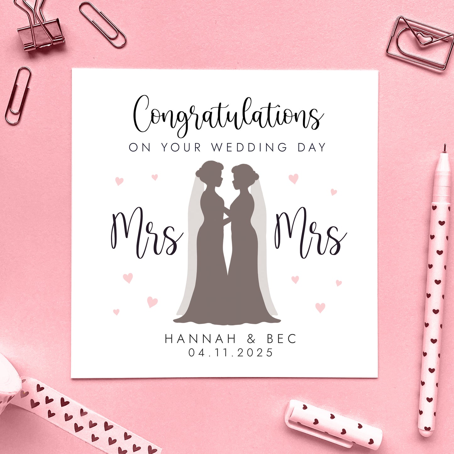 A personalised Congratulations on your Wedding Day Card for Mrs and Mrs, featuring a silhouette of two brides.