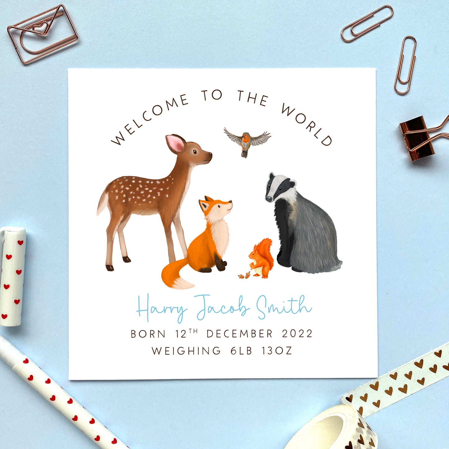 Personalised Woodland Animals New Baby Boy Card
