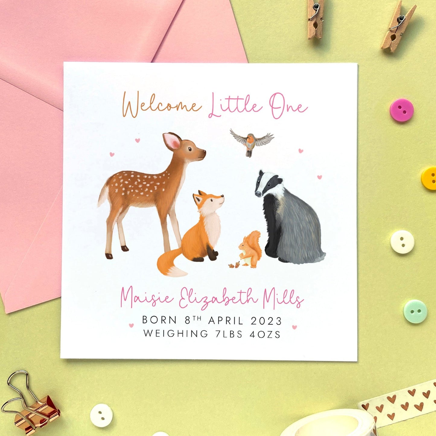 A personalised New Baby Card for Girl featuring woodland animals.