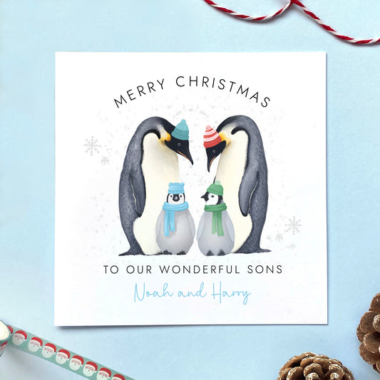 Personalised Penguins Christmas Card for Grandsons