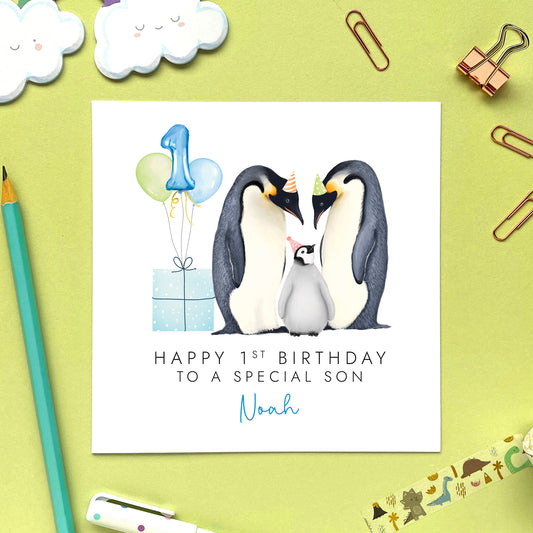 Personalised Penguin 1st Birthday Card for Boy