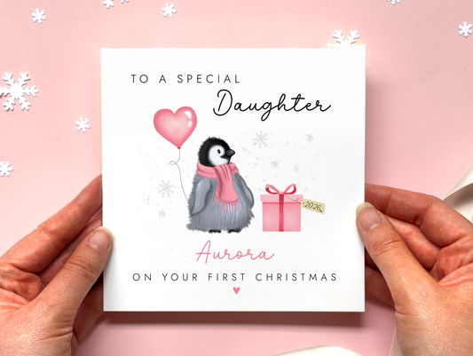 Personalised Baby Penguin 1st Christmas Card for Girl