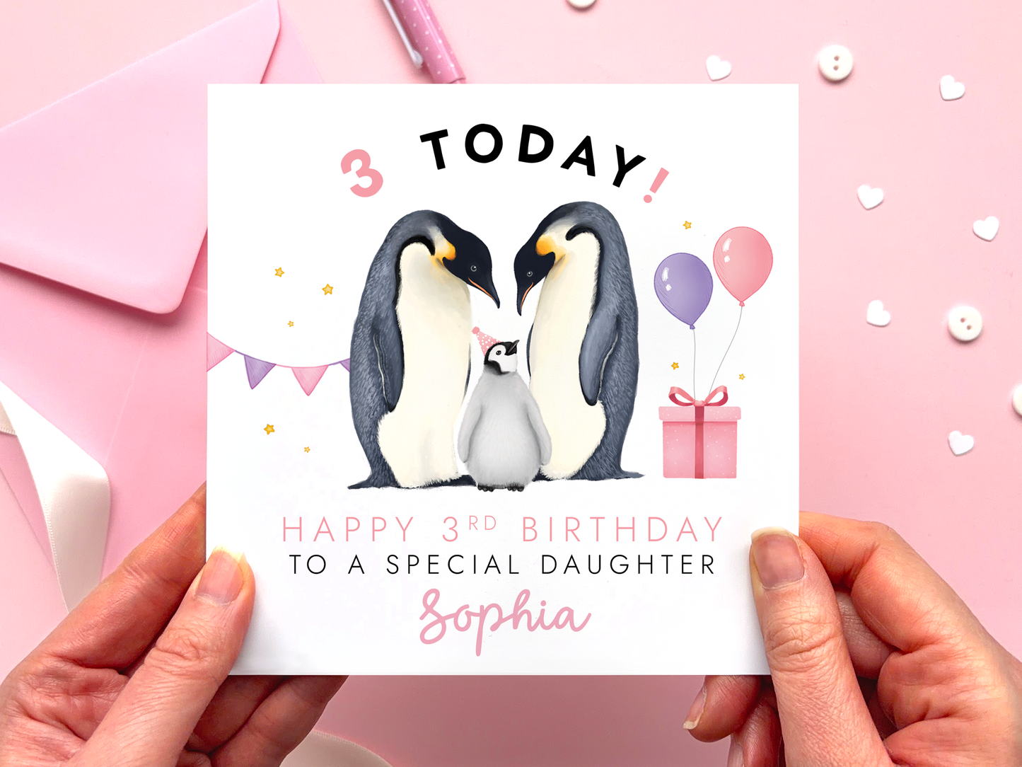 Personalised Penguins 3rd Birthday Card for Daughter