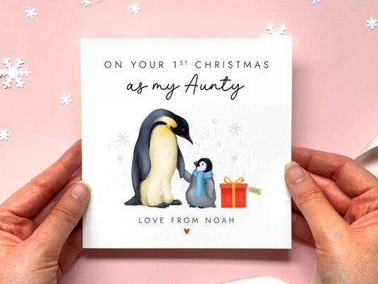 Personalised Penguins 1st Christmas as Auntie Card