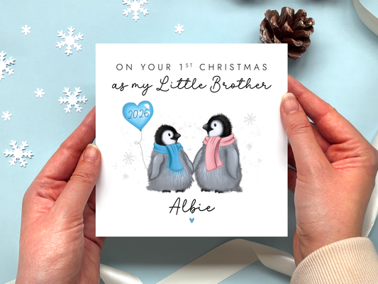 Personalised Penguins 1st Christmas as Brother Card