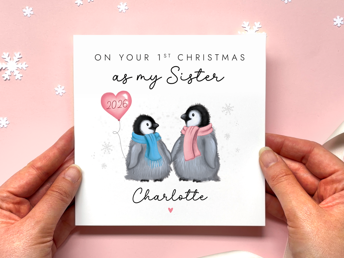 Personalised Penguins 1st Christmas as My Sister Card