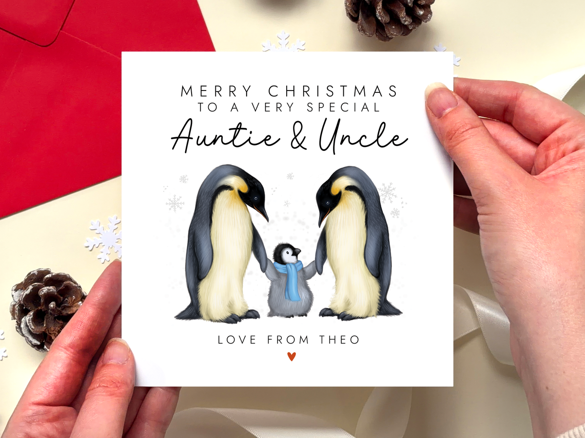 Personalised Penguin Christmas Card for Auntie & Uncle