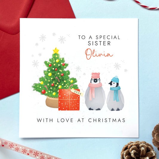 Personalised Penguins Christmas Card for Sister