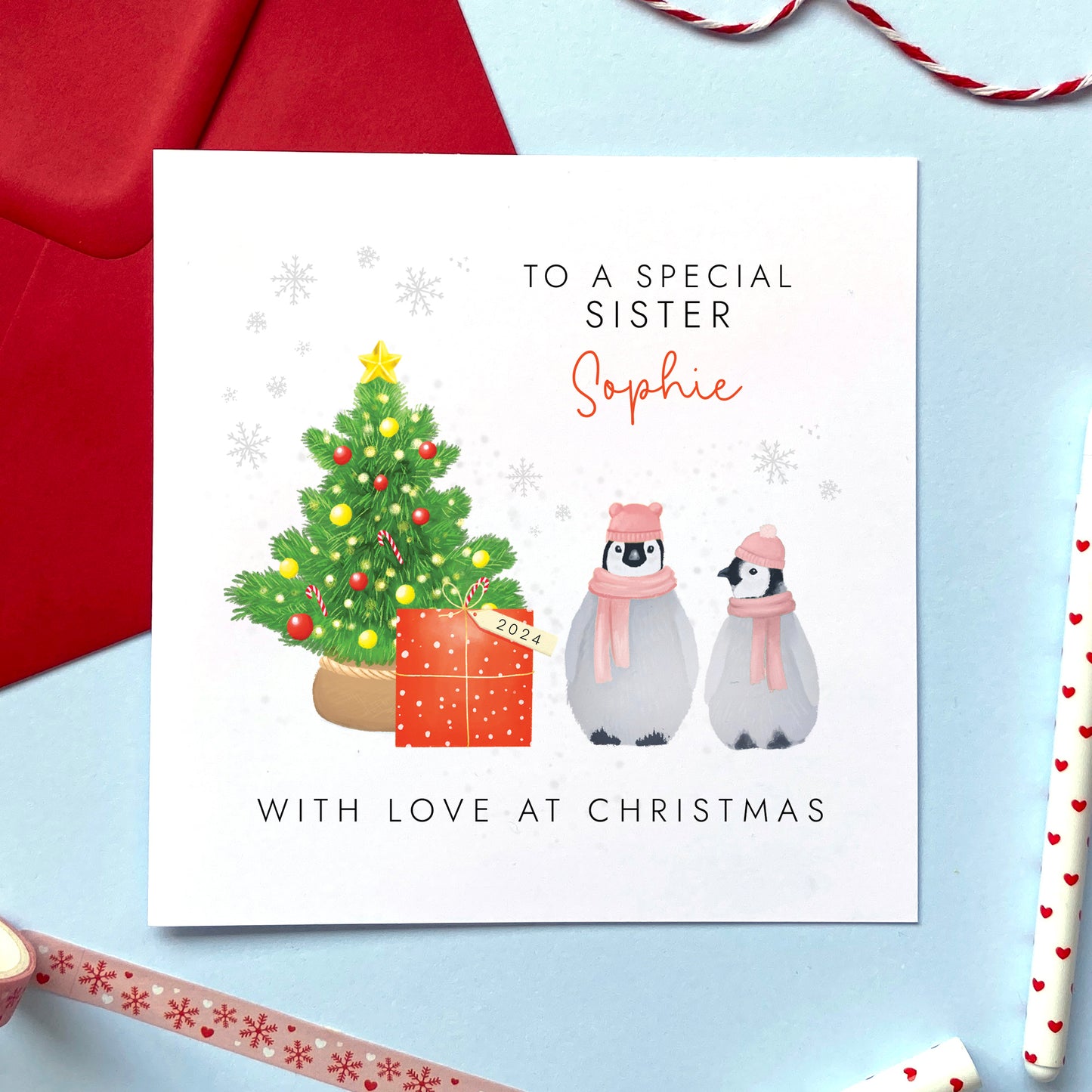 Personalised Penguins Christmas Card for Sister