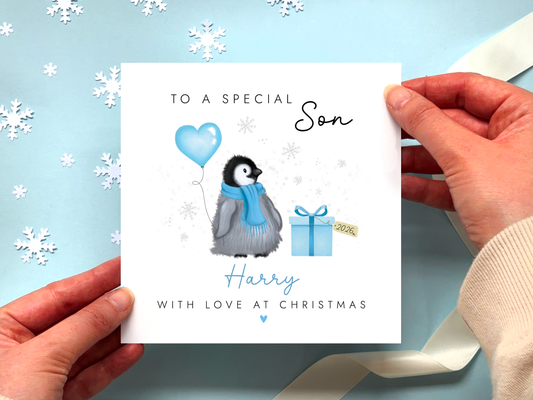 Personalised Penguin Christmas Card for Boy