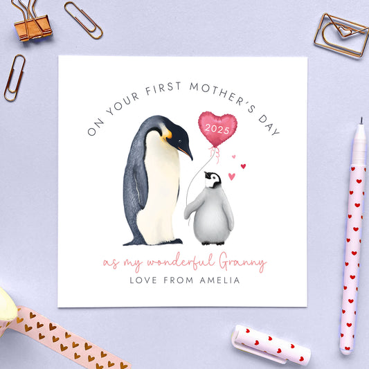 Personalised Penguins 1st Mothers Day Card for Granny from Baby, 2025