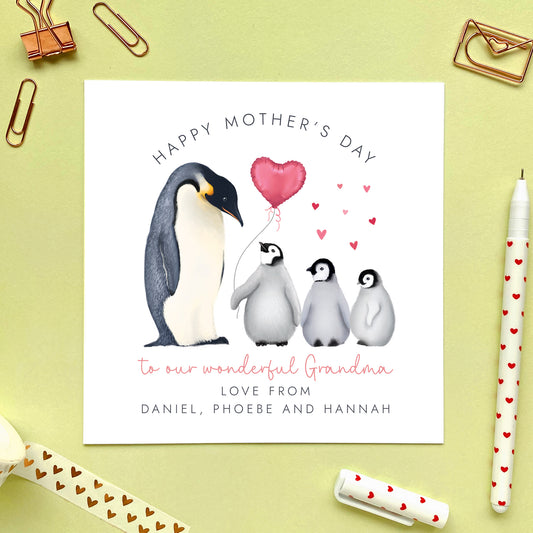 Personalised Penguins Mother's Day Card for Grandma from 3 Children