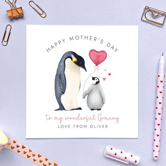 Personalised Penguin Mother's Day Card from Child or Baby for Granny