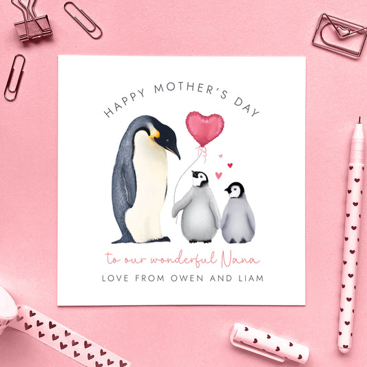 Personalised Penguins Mother's Day Card for Nana from 2 Children