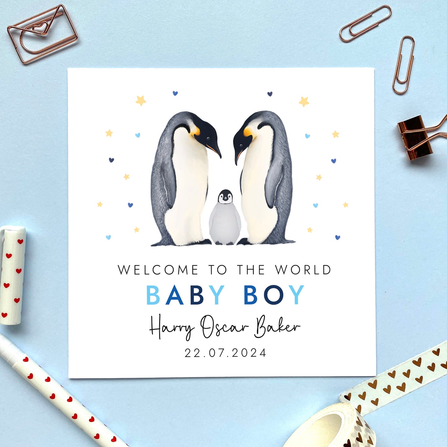 Personalised Penguins New Baby Boy Card
