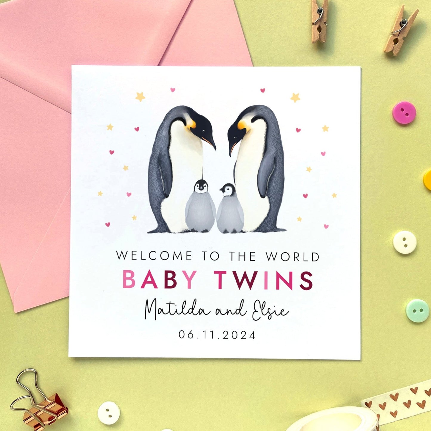 A personalised new baby card for twin girls.